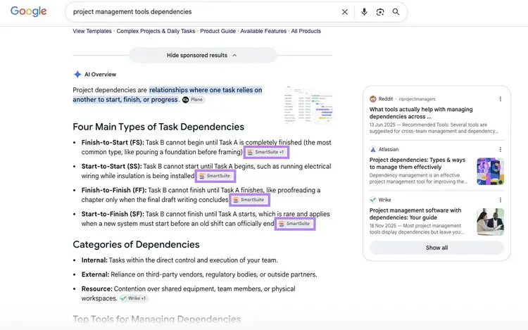 Google AI Overview explaining four types of task dependencies, with SmartSuite cited as a source