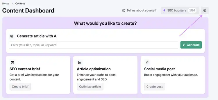 Content Dashboard with article, SEO brief, optimization, and social options