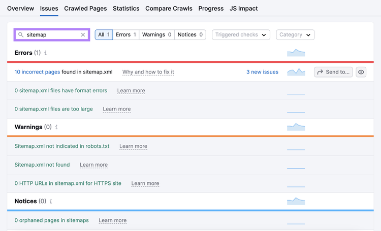 sitemap issues include incorrect pages, format errors, large files, not found, orphaned pages, etc.