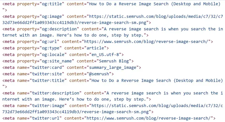 Open Graph and Twitter Card meta tags code for a Semrush blog post