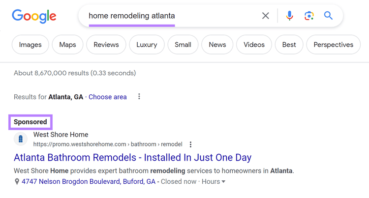 Google's SERP for "home remodeling atlanta" query shows a sponsored search result at top