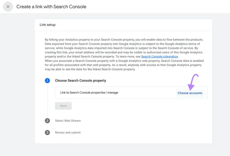 Create a link setup screen with arrow pointing to Choose accounts