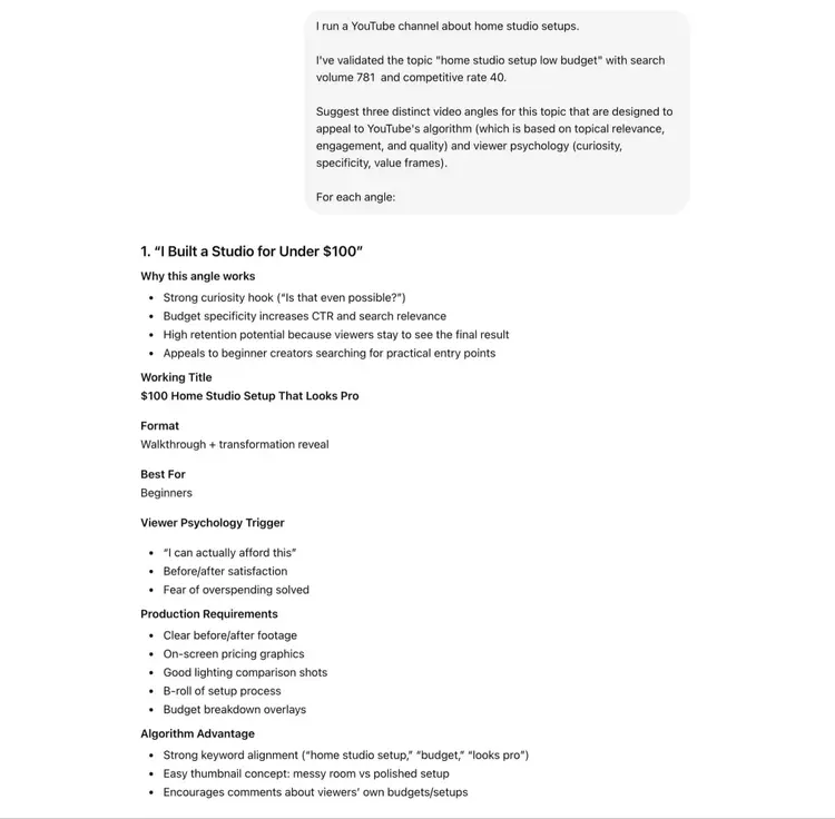 A YouTube video topic idea generated on ChatGPT along with recommendations on title, video format, video angle, and production requirements.