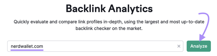 Screenshot: Backlink Analytics tool interface with domain input field for nerdwallet.com and Analyze button