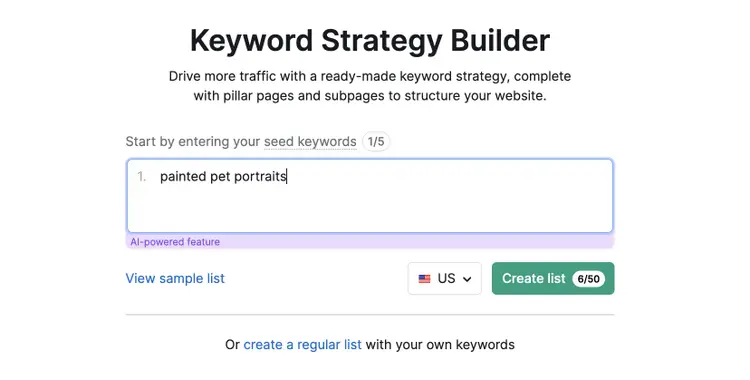 Keyword Strategy Builder interface with seed keyword 'painted pet portraits' and AI-powered feature