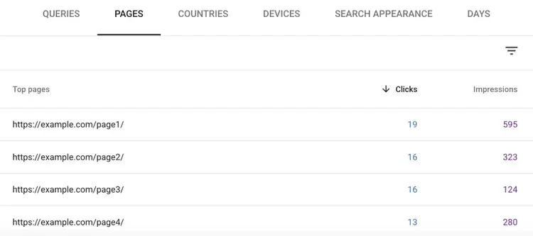 A list of pages on Google Search Console with videos along with clicks and impressions.