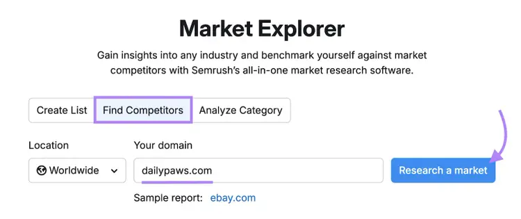 search for a competitor in market explorer
