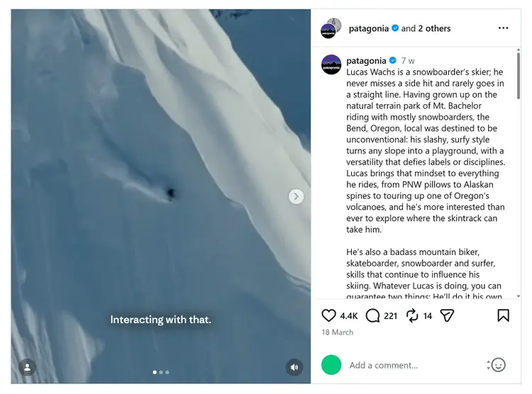 Patagonia Instagram post featuring long-form storytelling alongside outdoor adventure footage