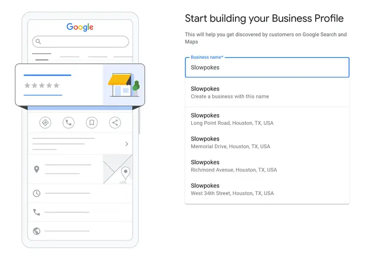 Google Business Profile setup screen with the business name being typed, showing suggestions for existing locations