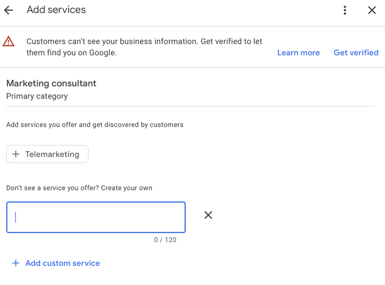 "Add services" window