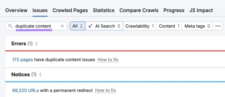 "duplicate content" entered on the "Issues" tab of the Site Audit tool showing a list of related errors and notices.