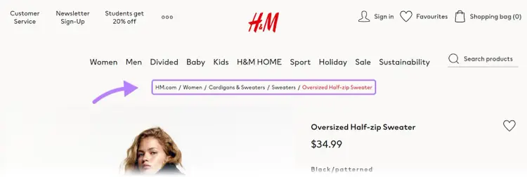 H&M's breadcrumb navigation at the top of a product listing