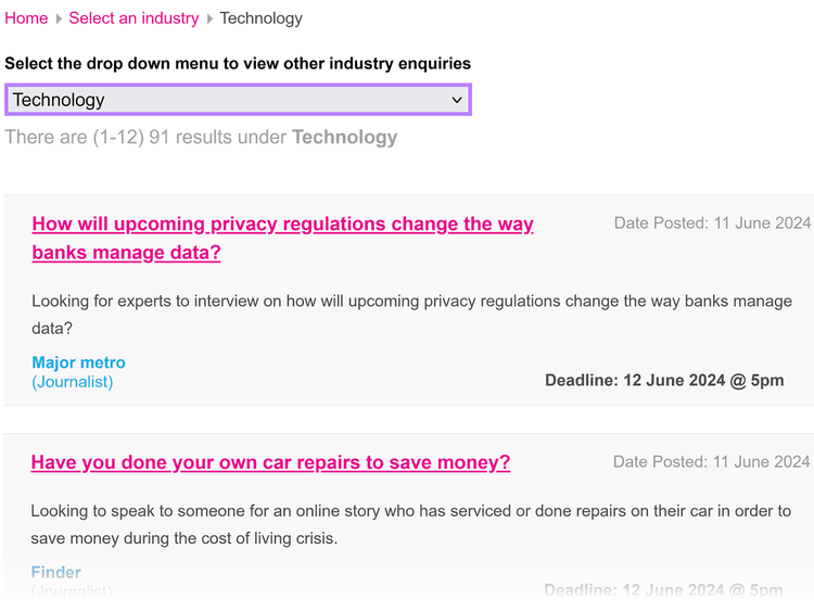 SourceBottle webpage with contributing opportunities under the "Technology" category, which is highlighted in a purple frame.
