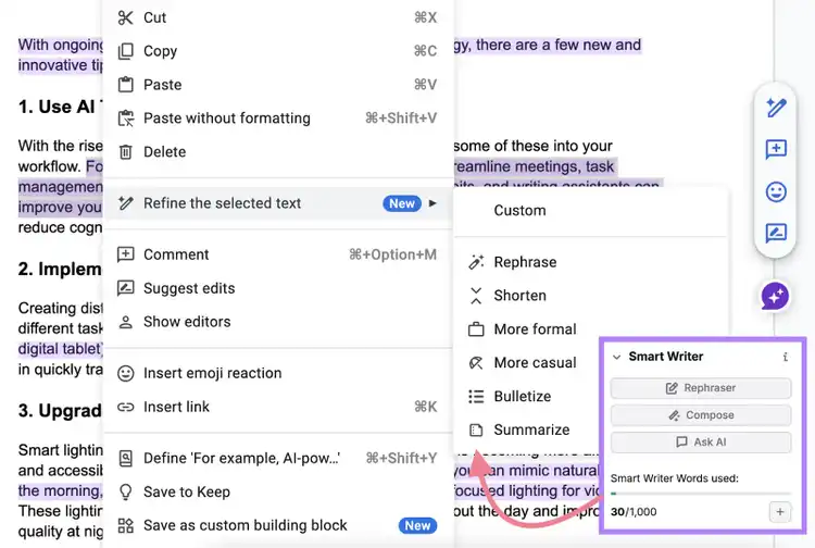 Smart Writer options in Google Doc extension are shown when highlighting text and right-clicking.