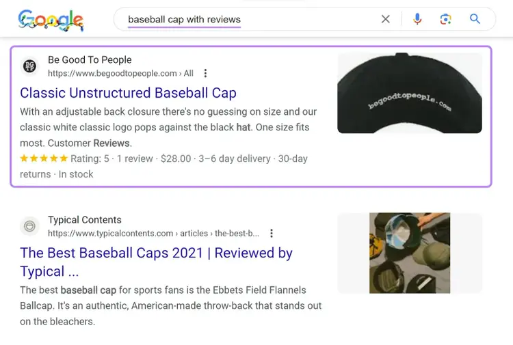 Google search result for "baseball cap with reviews" with a star rating highlighted