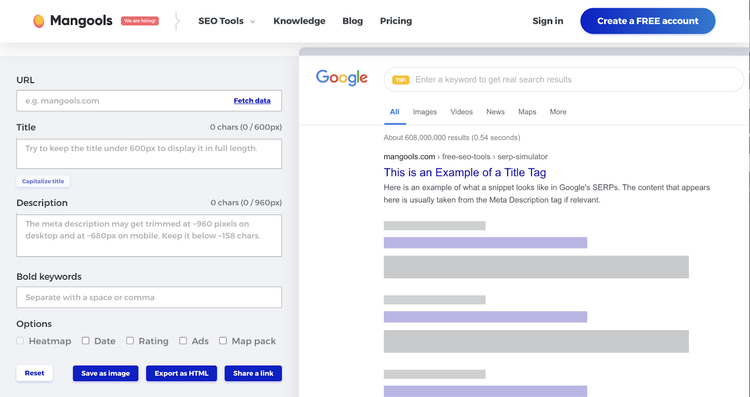 Mangools google serp preview tool page