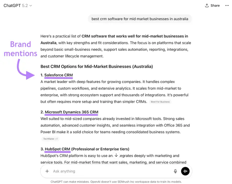 a sample chatGPT response with brand mentions