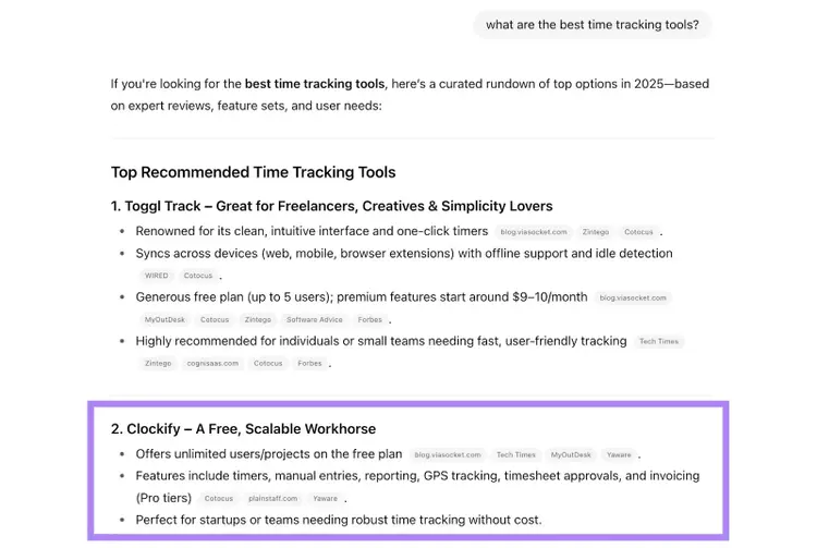 ChatGPT with the prompt "what are the best time tracking tools?" showing Clockify appearing as the second result.