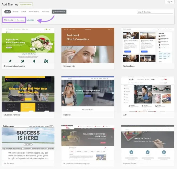 WordPress theme directory with farming, cosmetics, and other theme categories