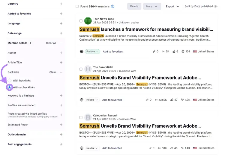 Brand Monitoring tool filtered to show mentions without backlinks for link reclamation opportunities