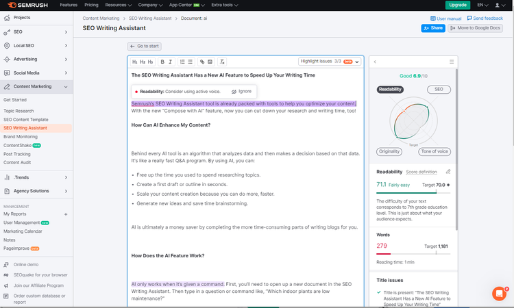 Semrush SEO Writing Assistant showing article editor with readability analysis and writing metrics on right.