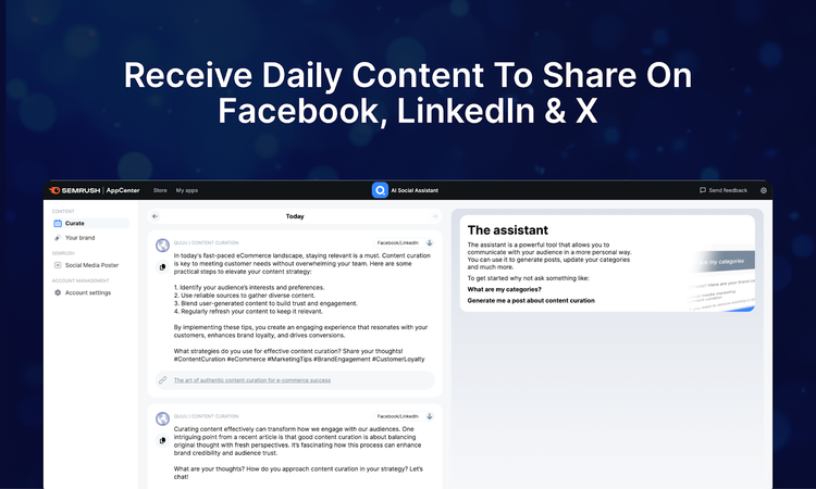 AI Social Assistant generating daily content for Facebook, LinkedIn, X platforms