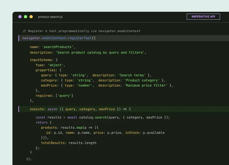 JavaScript code snippet showing navigator.modelContext registerTool with searchProducts parameters
