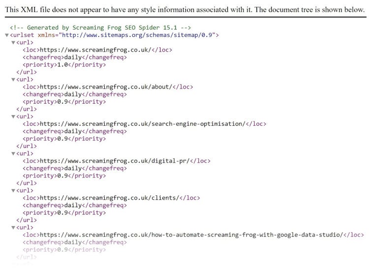 An XML sitemap example from Screaming Frog