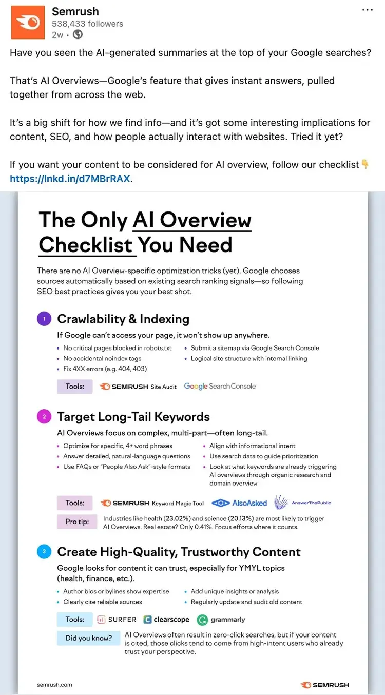 Social media post by Semrush on LinkedIn promoting a blog post along with a direct link to the full article.