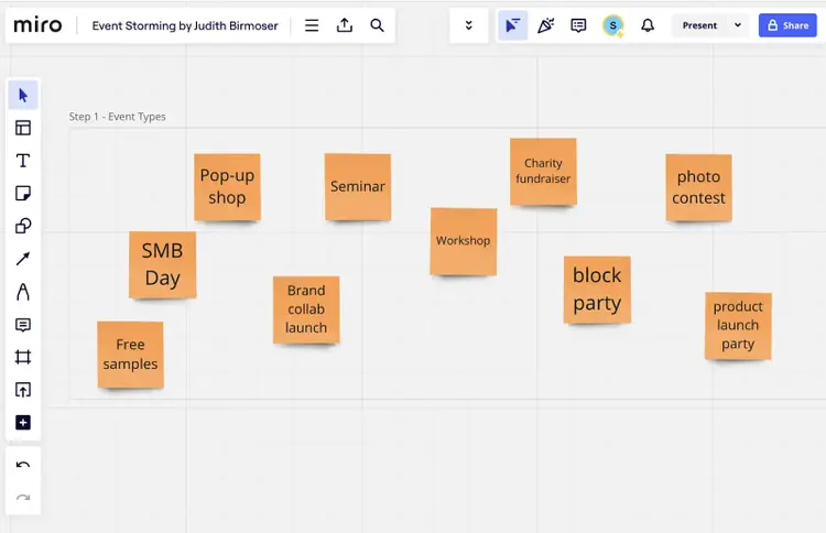 Event storming ideas board in Miro