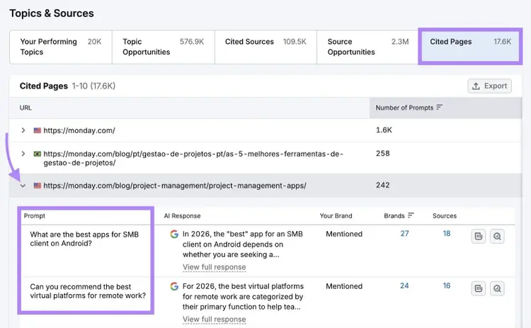 The "Cited Pages" tab showing pages being cited, URLs referenced, and queries triggering the citations.