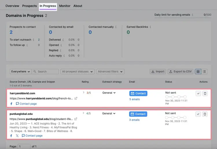 “In Progress” tab in the Link Building tool