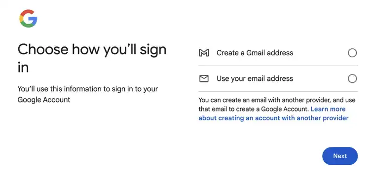 Choose how you'll sign in page for Gmail