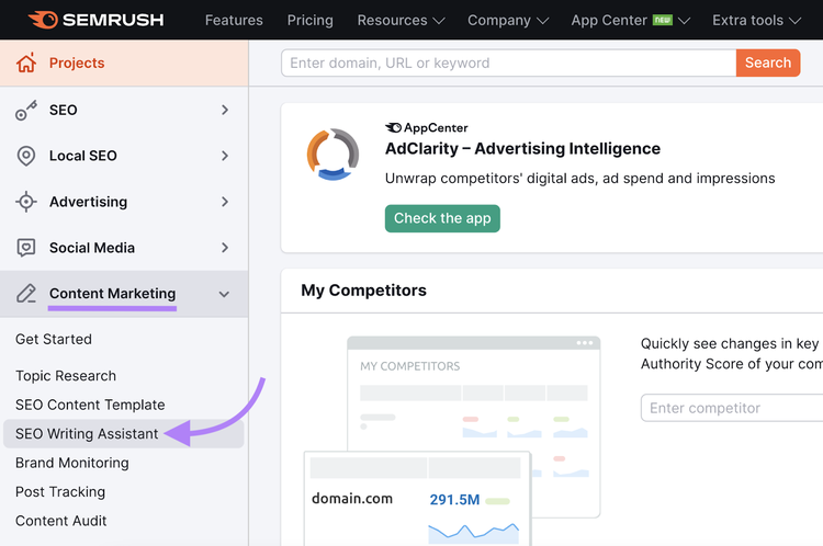 navigate to “Semrush Writing Assistant” in the left-side menu