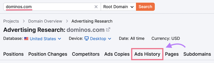 where to find “Ads History” tab in Advertising Research tool