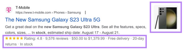 Screenshot: Google SERP with schema markup showing Samsung Galaxy S23 product with price and rating