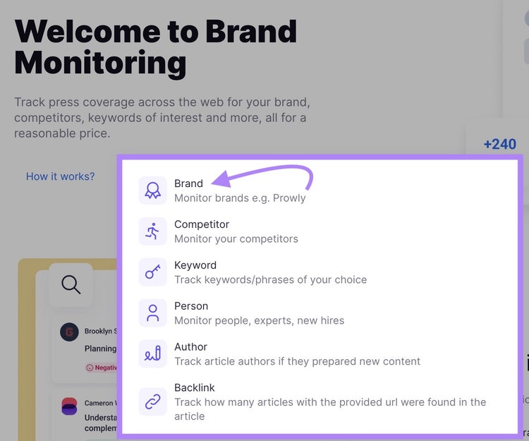Screenshot: Brand Monitoring welcome screen listing monitoring categories: Brand, Competitor, Keyword