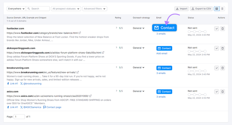 In progress tab with Contact button of first prospect highlighted.