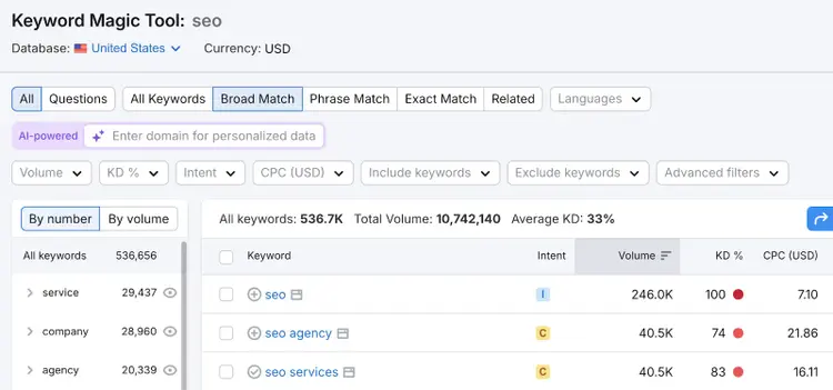 In this example, the seed keyword is seo, and the keyword list has over 500,000 search terms.