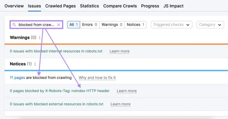Semrush Site Audit Issues showing search for blocked from crawl with 11 pages blocked from crawling and robots.txt findings