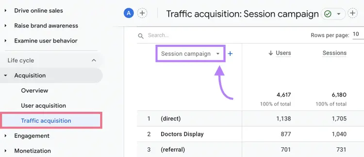 "Session campaign" dimension highlighted in the Traffic acquisition report in Google Analytics 4