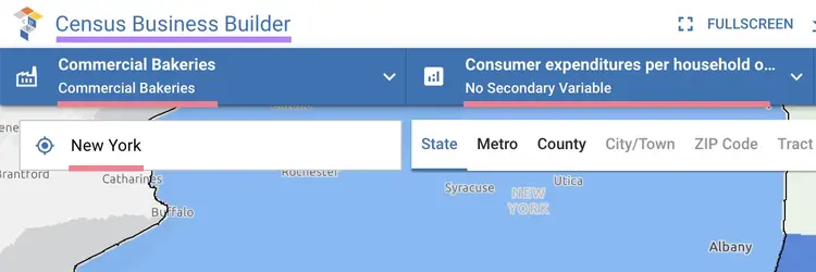 an example of search for commercial bakeries in New York with Census Business Builder tool