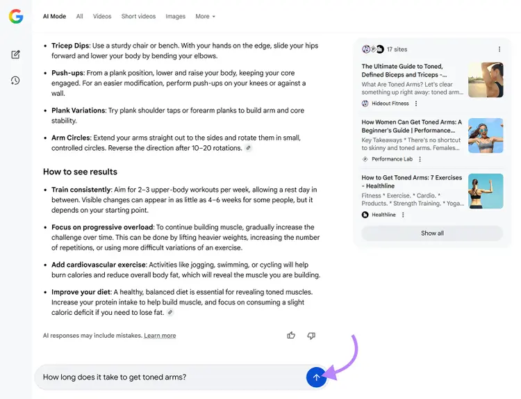 Google AI mode response, with arrow pointing to follow-up question submission button.