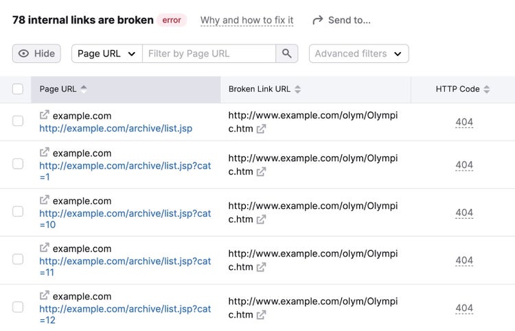 Pages with broken internal links on Site Audit with columns for the page URL, broken link URL, and HTTP code.
