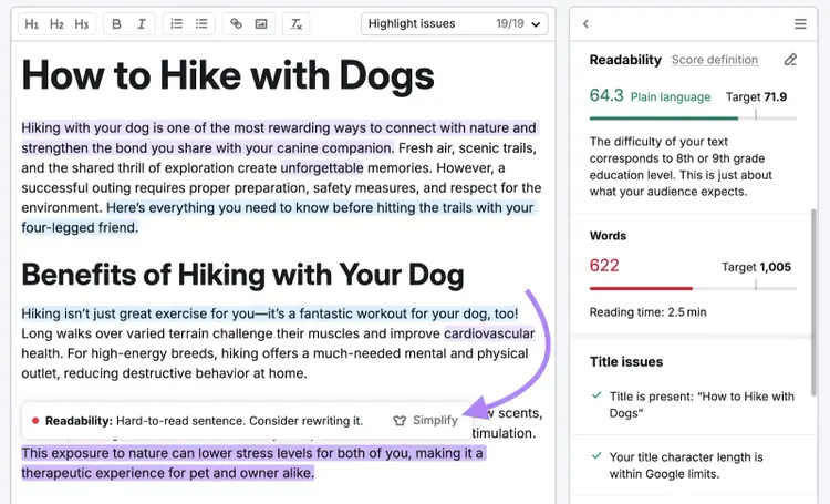 Hard-to-read sentences are highlighted and the text has a readability score.