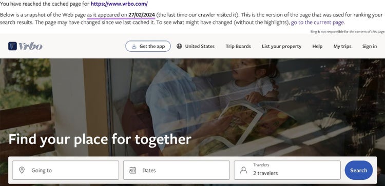Bing’s cached version of Vrbo's page