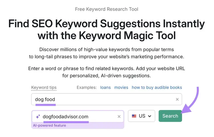 Keyword Magic Tool with a keyword and domain entered along with "Search" clicked.