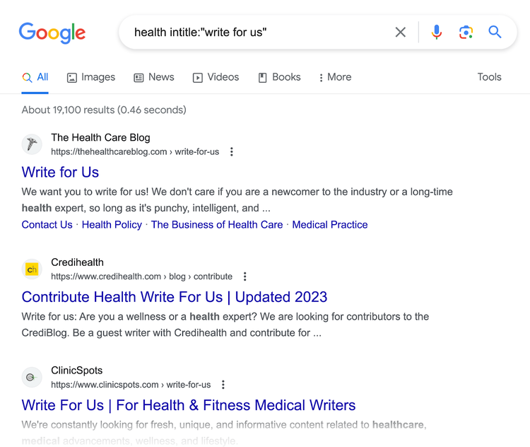 Google search results page for "healts intitle:"write for us"