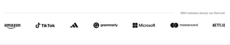 A landing page by Semrush displaying logos of well-known customers like Amazon, Grammarly, and Netflix.