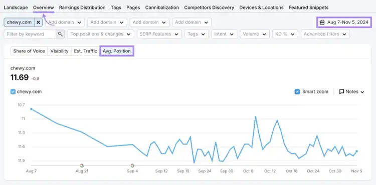 Average paid search position highlighted in the "Overview" tab of the Position Tracking tool.
